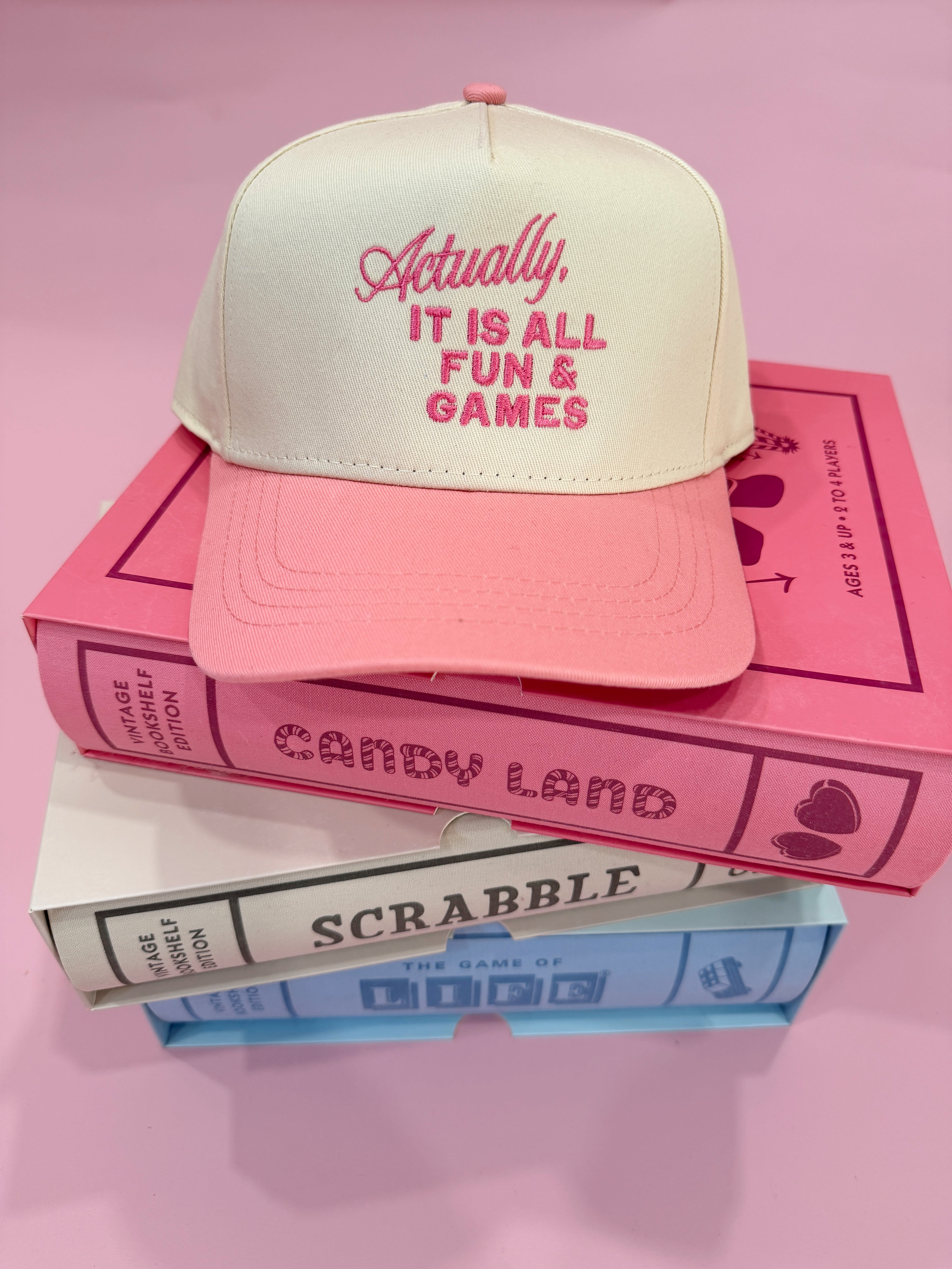 Actually, It Is All Fun & Games- Pink Embroidered Hat