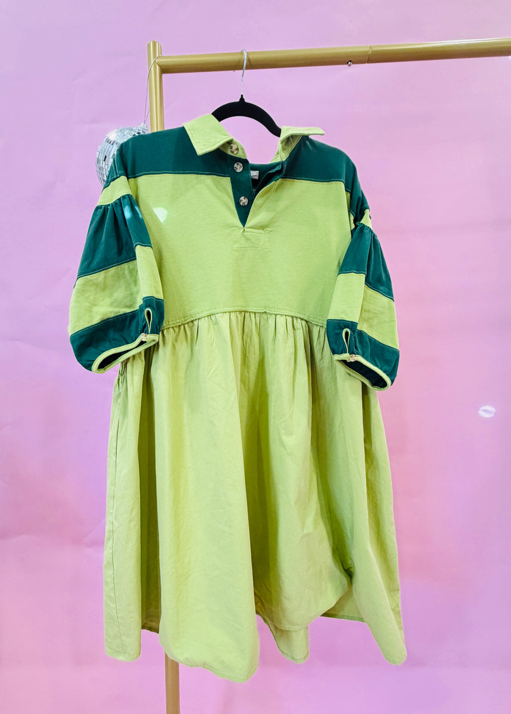 Green collared midi dress with puff sleeves featuring dark green and lime green striped pattern, boutique style dress