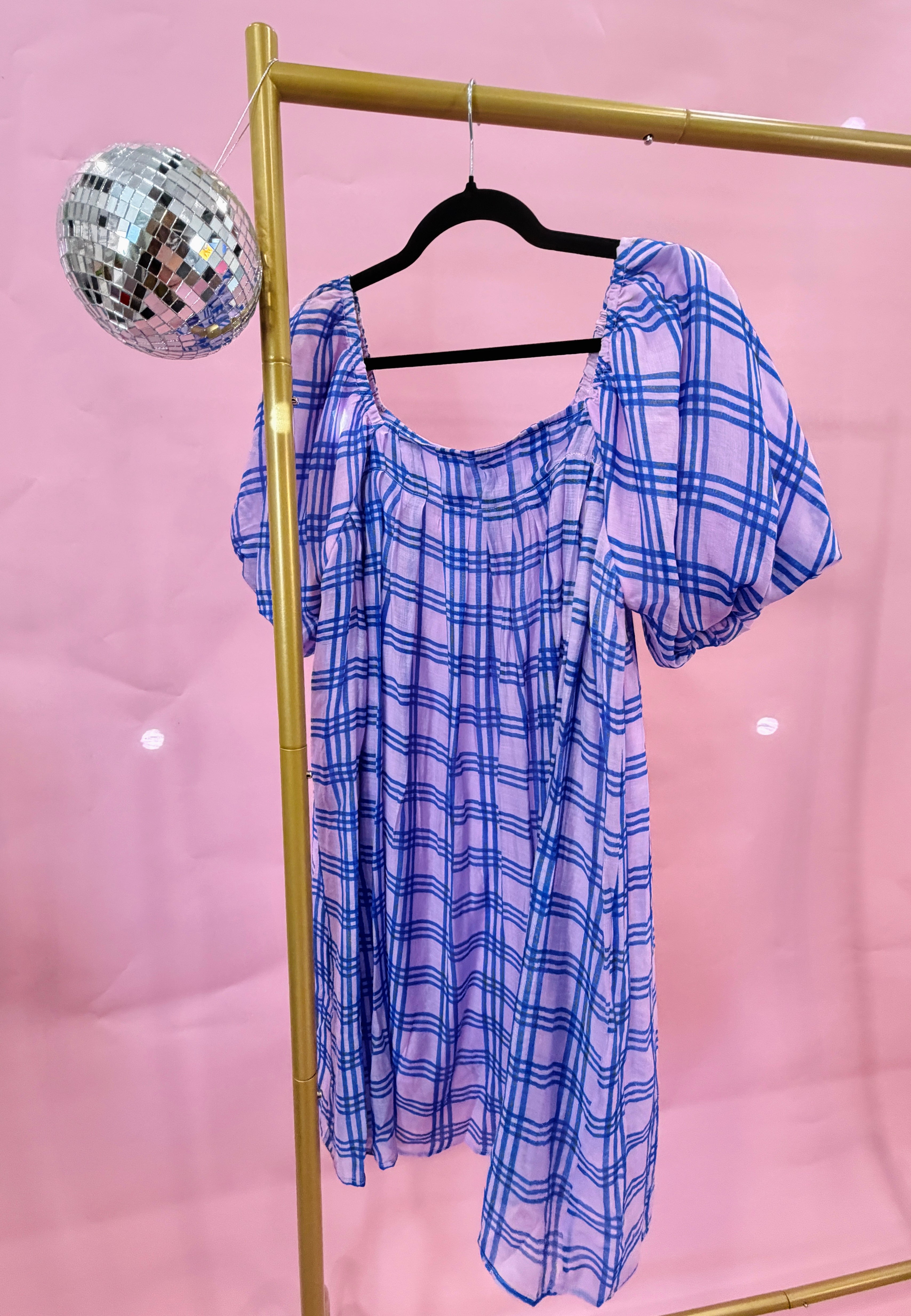 Lavender and blue gingham dress with puff sleeves, feminine boutique style dress